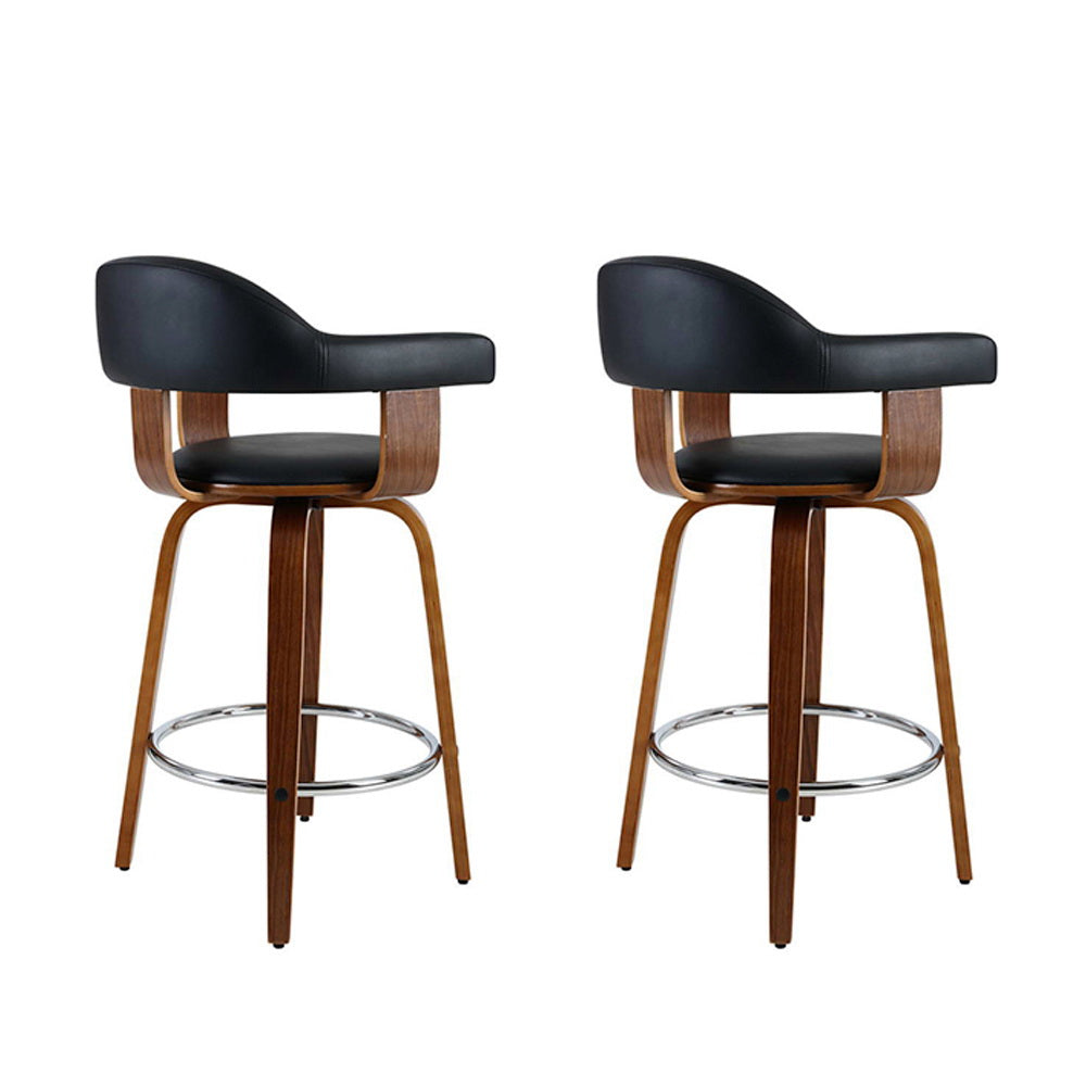 Artiss Set of 2 Bar Stools PU Leather Wooden Swivel - Wood, Chrome and Black - Newstart Furniture