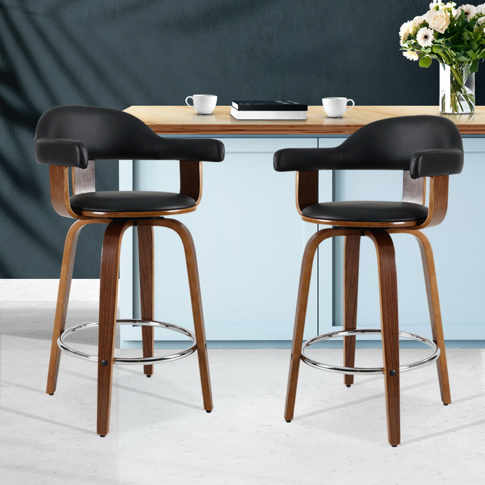 Artiss Set of 2 Bar Stools PU Leather Wooden Swivel - Wood, Chrome and Black - Newstart Furniture