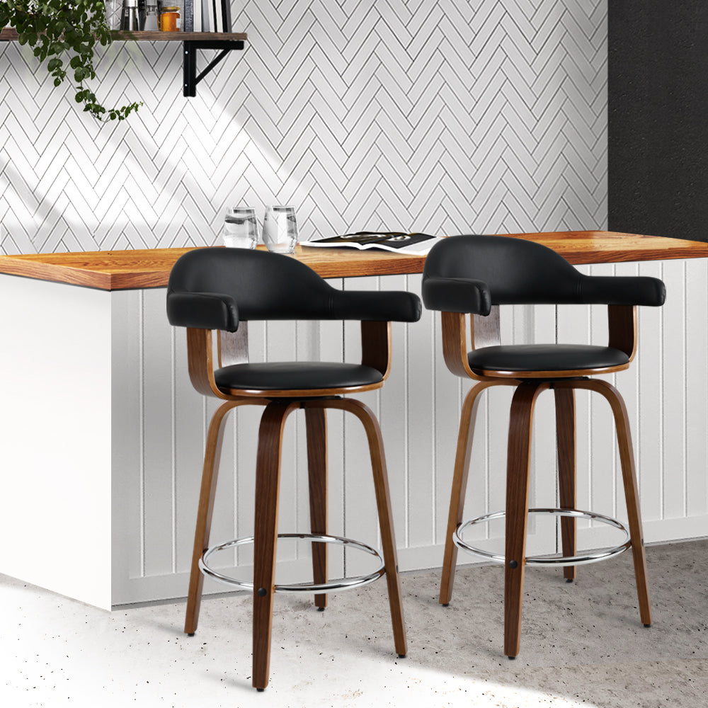 Artiss Set of 2 Bar Stools PU Leather Wooden Swivel - Wood, Chrome and Black - Newstart Furniture