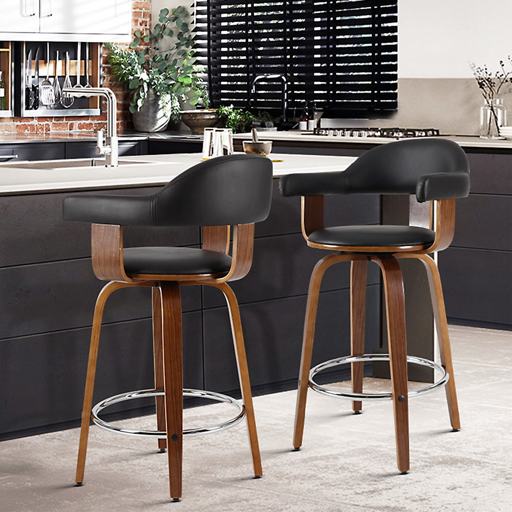 Artiss Set of 2 Bar Stools PU Leather Wooden Swivel - Wood, Chrome and Black - Newstart Furniture