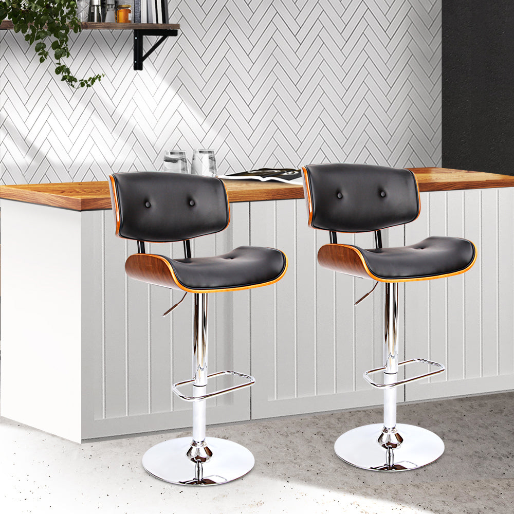 Artiss Set of 2 Wooden Gas Lift Bar Stools - Black and Chrome - Newstart Furniture