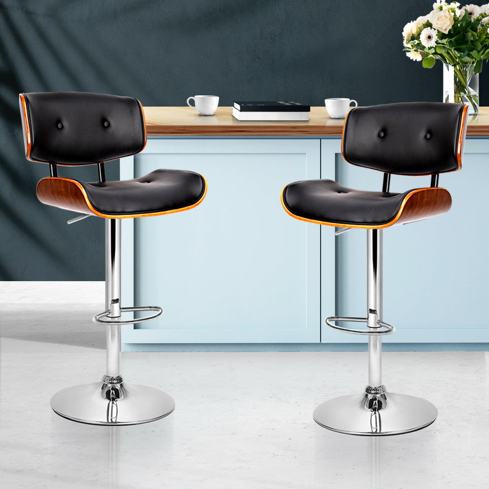 Artiss Set of 2 Wooden Gas Lift Bar Stools - Black and Chrome - Newstart Furniture