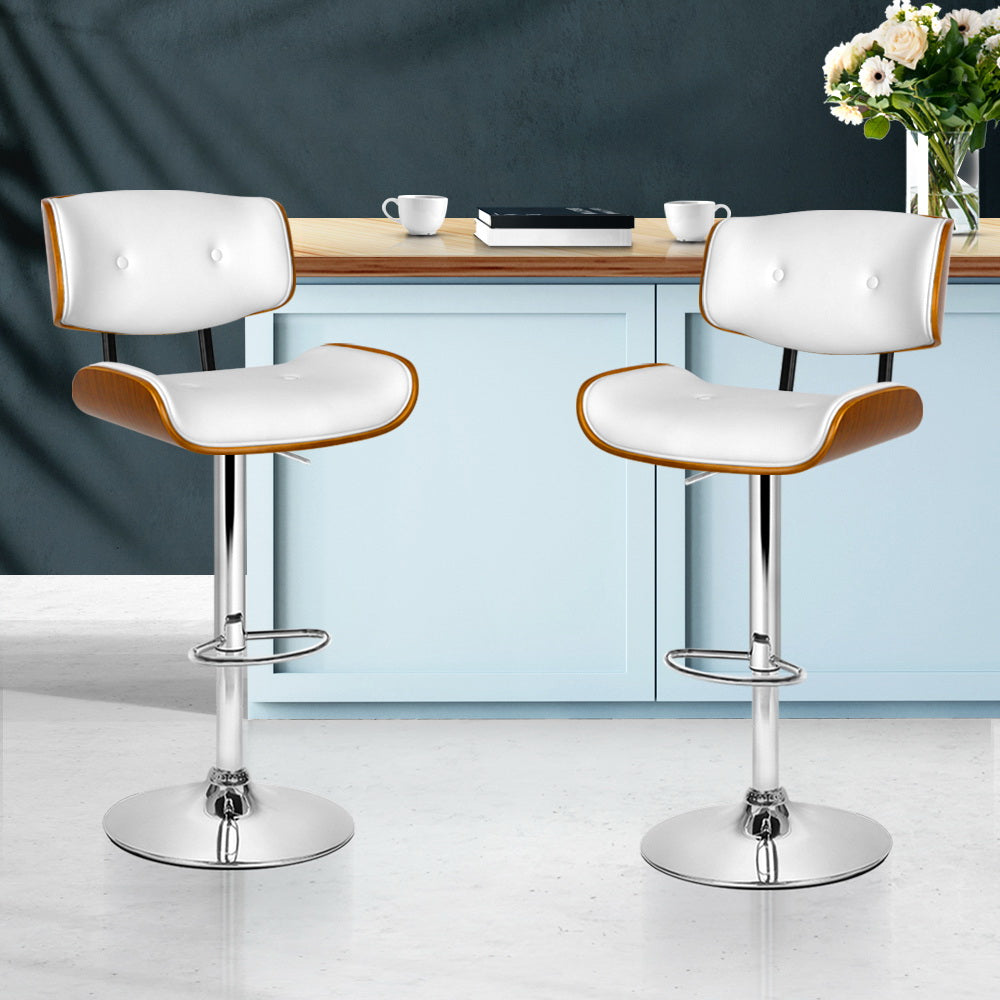 Artiss Set of 2 Wooden Gas Lift Bar Stool - White and Chrome - Newstart Furniture