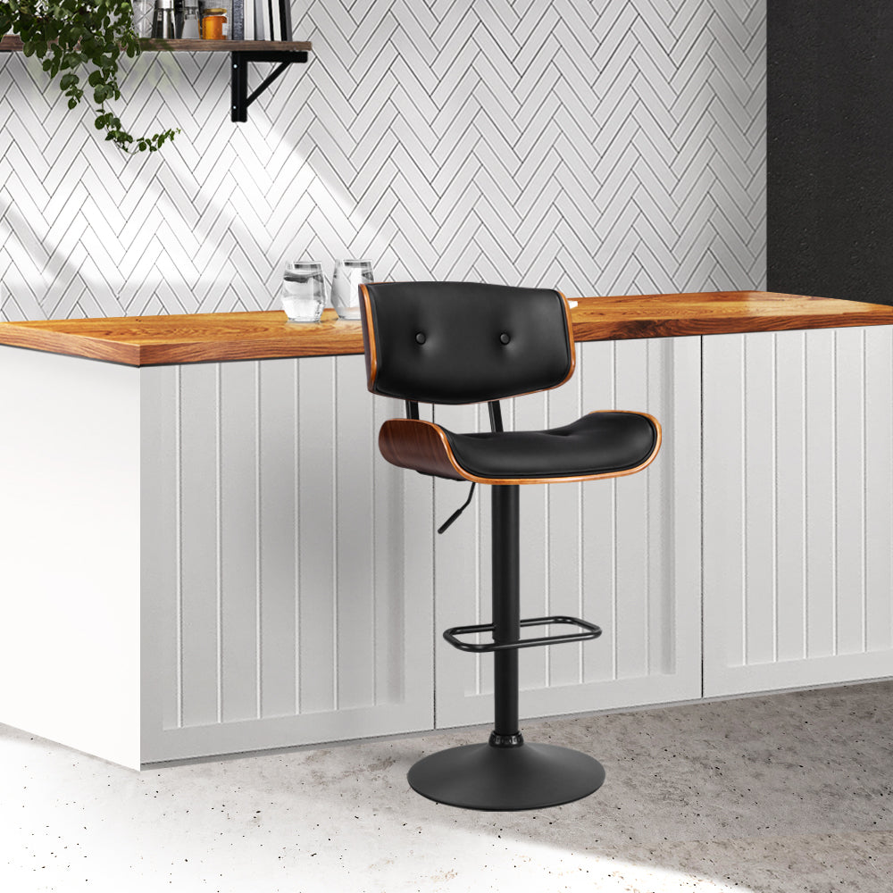 Artiss Bar Stool Gas Lift Wooden PU Leather - Black and Wood - Newstart Furniture