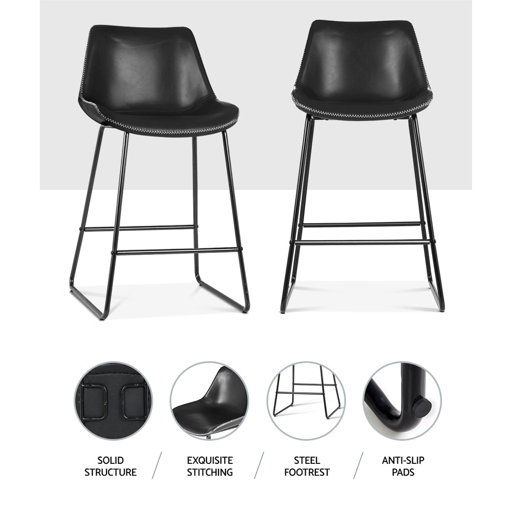 Artiss Set of 2 Bar Stools Kitchen Metal Bar Stool Dining Chairs PU Leather Black - Newstart Furniture