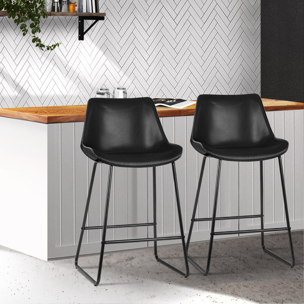 Artiss Set of 2 Bar Stools Kitchen Metal Bar Stool Dining Chairs PU Leather Black - Newstart Furniture