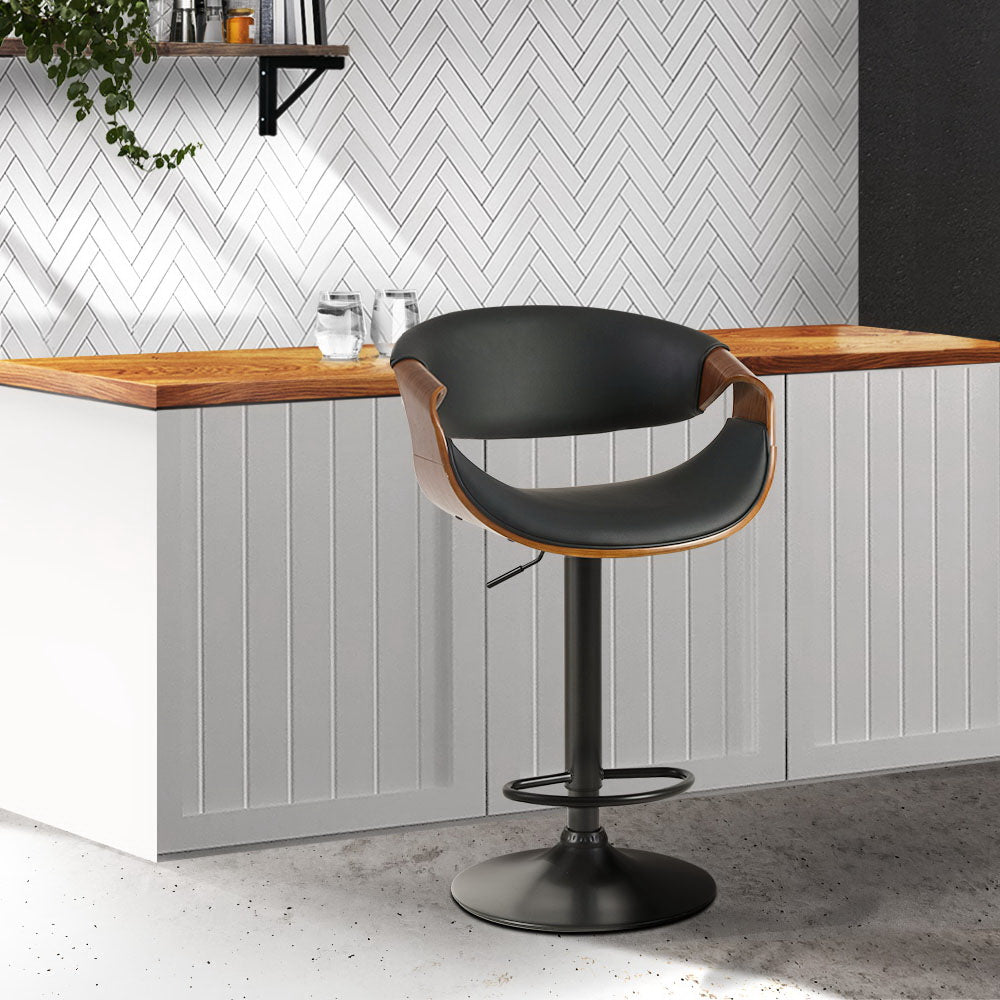 Artiss Bar Stools Swivel Chair Kitchen Gas Lift Wooden Bar Stool Leather Black - Newstart Furniture