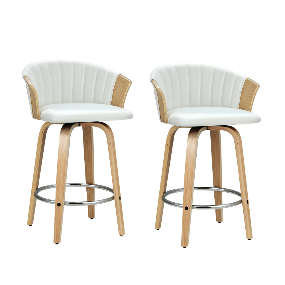 Artiss Set of 2 Bar Stools Kitchen Stool Wooden Chair Swivel Chairs Leather White - Newstart Furniture