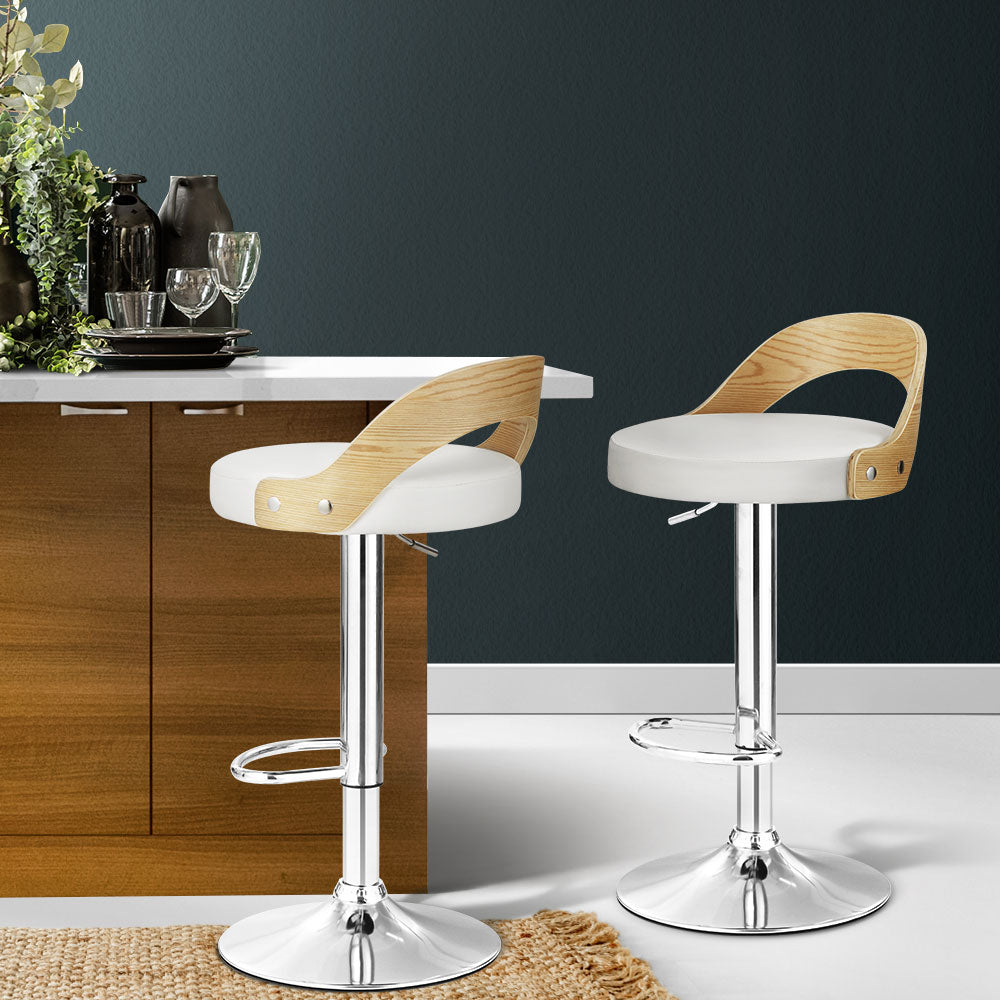 Artiss Set of 2 Bar Stools Kitchen Gas Lift Wooden Stool Metal Barstools White Swivel - Newstart Furniture