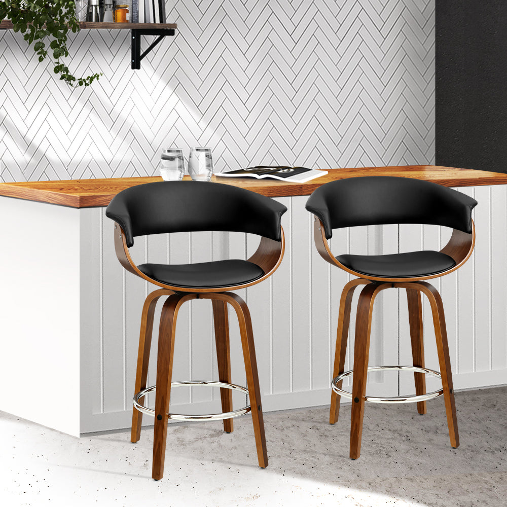 Artiss Set of 2 Swivel PU Leather Bar Stool - Wood and Black - Newstart Furniture