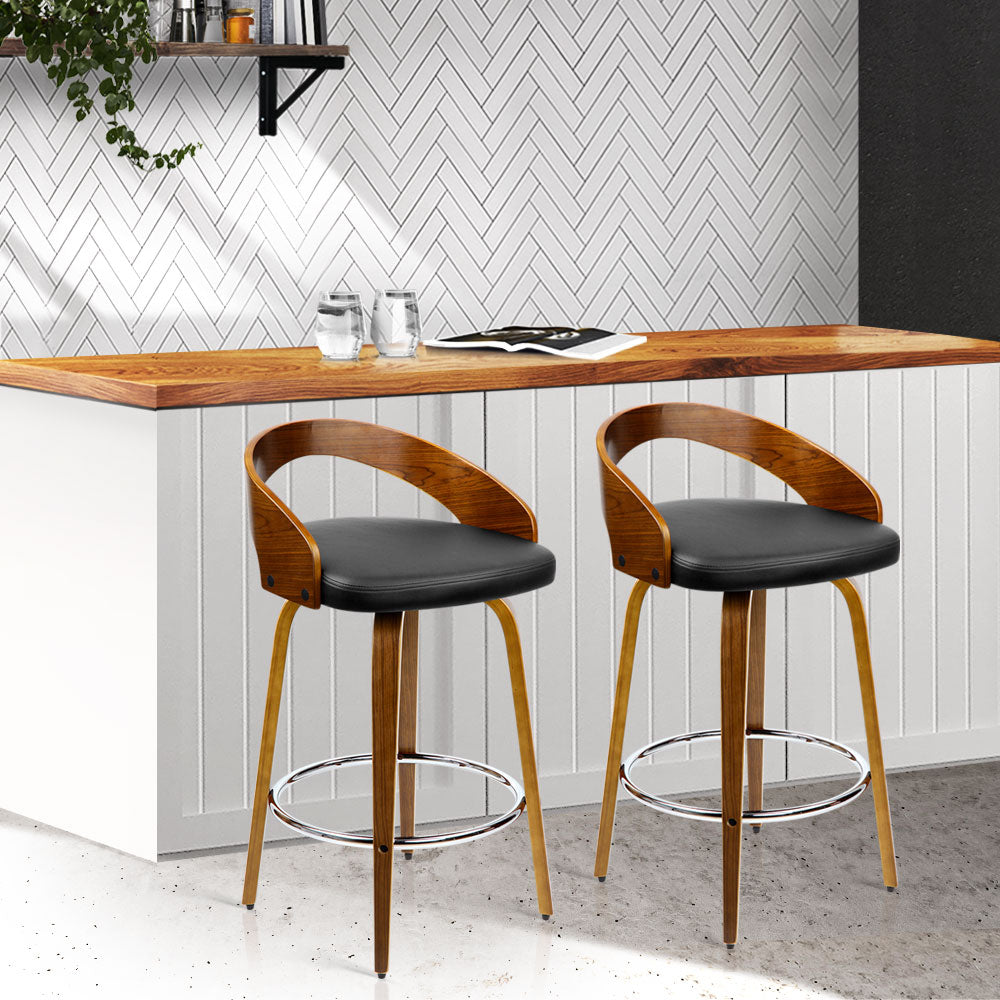 Artiss Set of 2 Walnut Wood Bar Stools - Black and Brown - Newstart Furniture