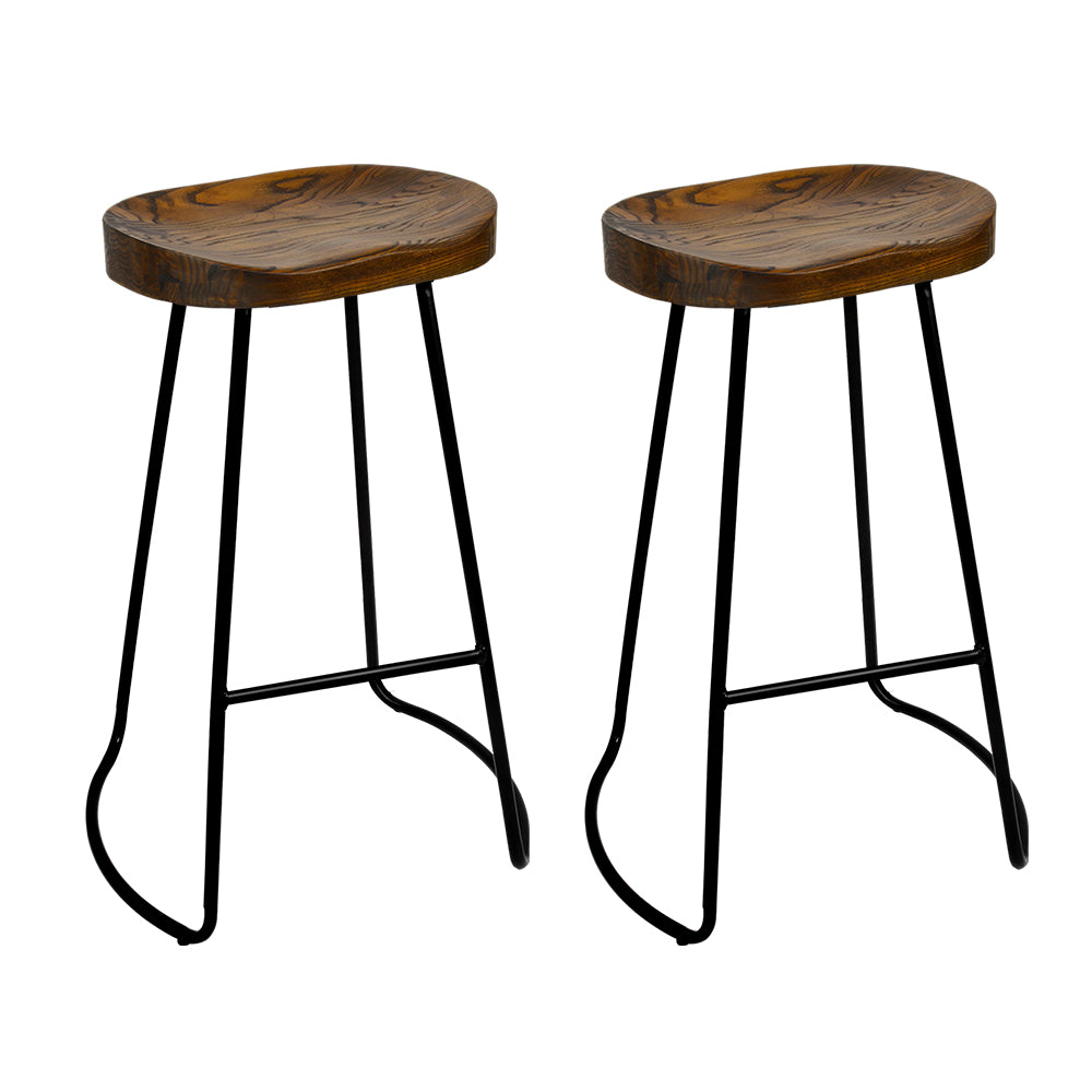 Artiss Set of 2 Elm Wood Backless Bar Stools 65cm - Black and Dark Natural - Newstart Furniture