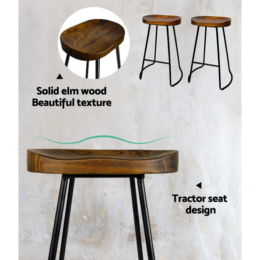 Artiss Set of 4 Elm Wood Backless Bar Stools 65cm - Black and Dark Natural - Newstart Furniture