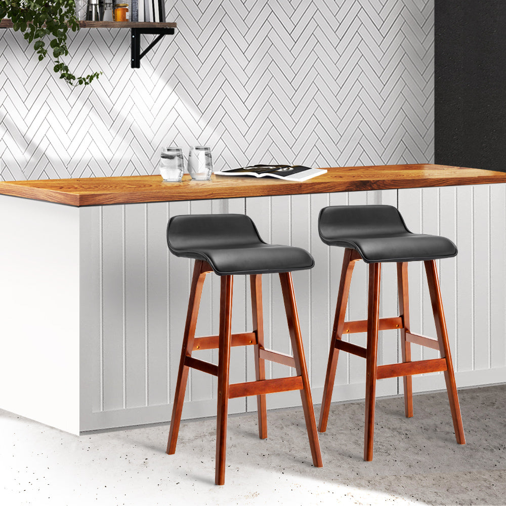 Artiss Set of 2 PU Leather Wood Wave Style Bar Stool - Black - Newstart Furniture