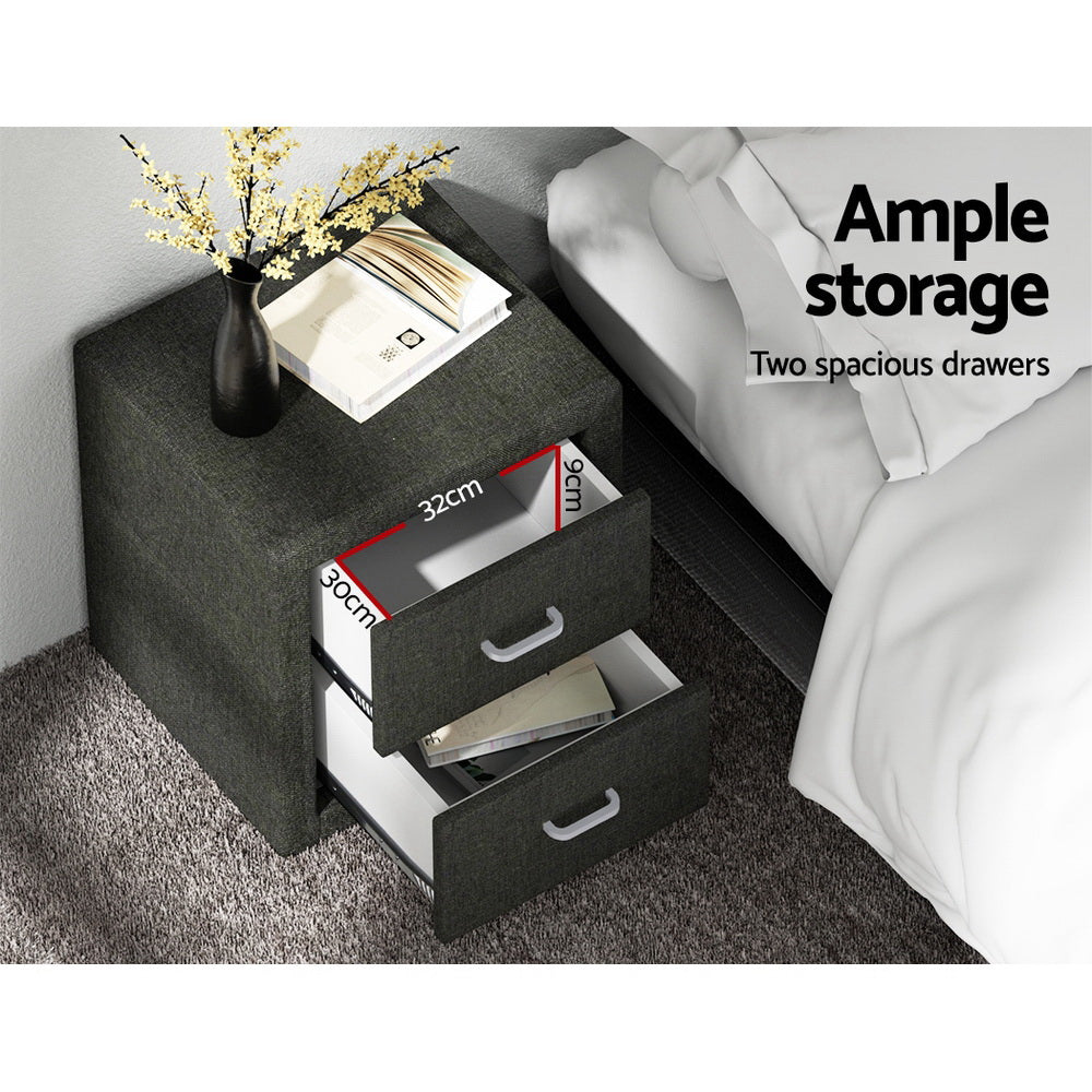 Artiss Fabric Bedside Table with 2 Drawers | Charcoal CADEN