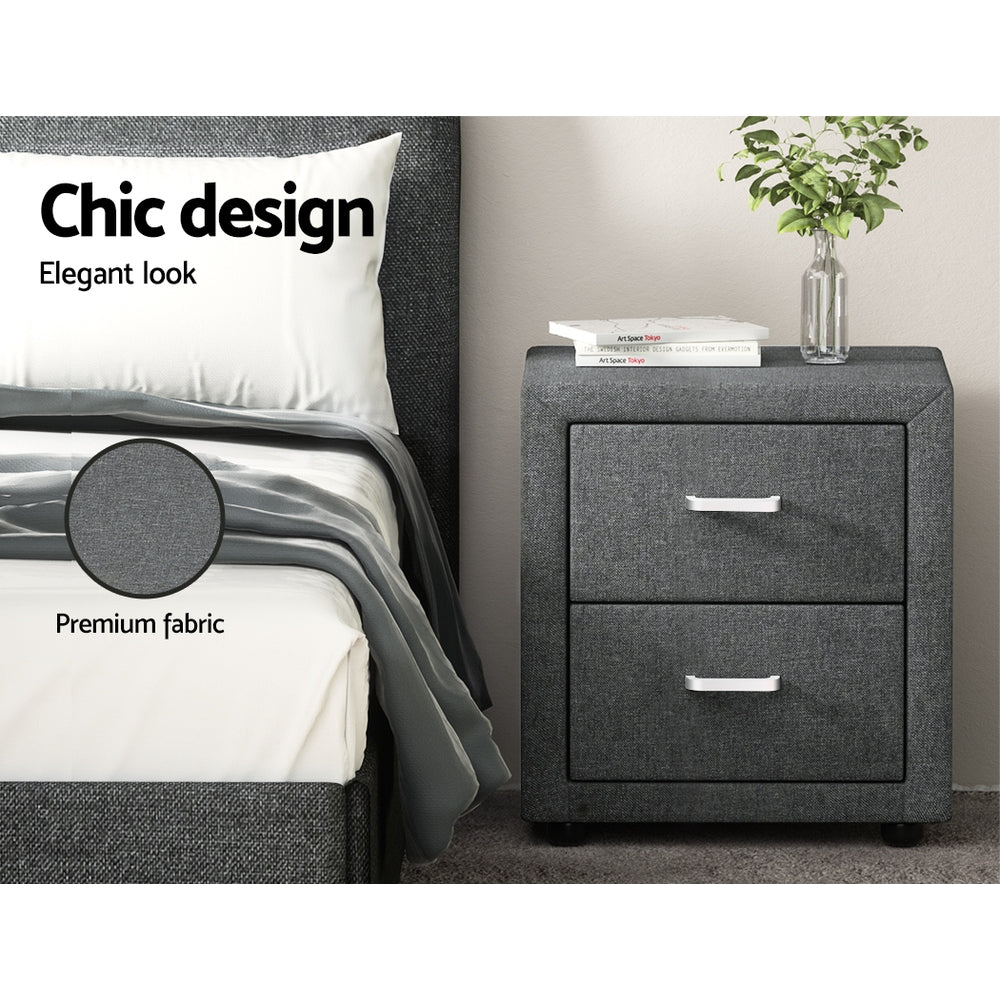 Artiss Grey Linen Bedside Table with 2 Drawers | CADEN