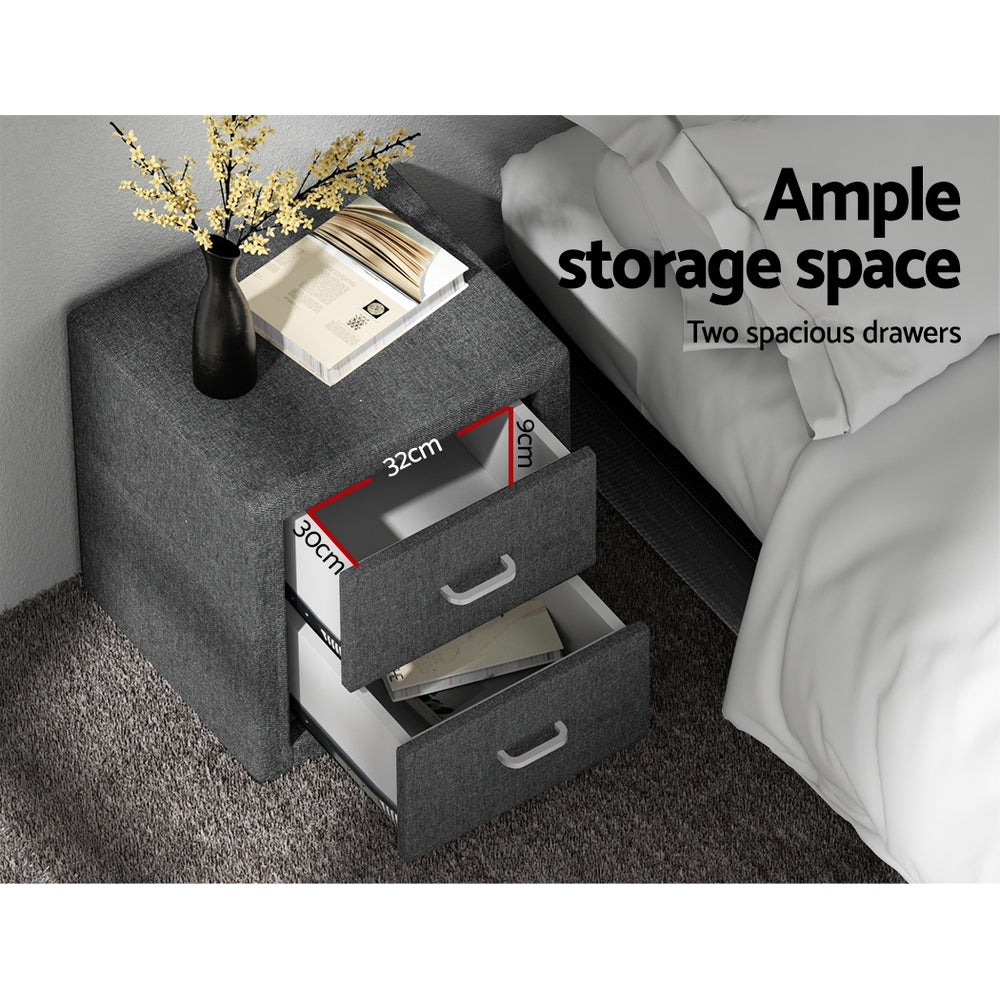 Artiss Grey Linen Bedside Table with 2 Drawers | CADEN