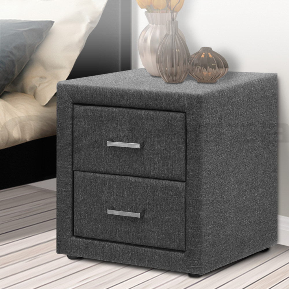 Artiss Grey Linen Bedside Table with 2 Drawers | CADEN