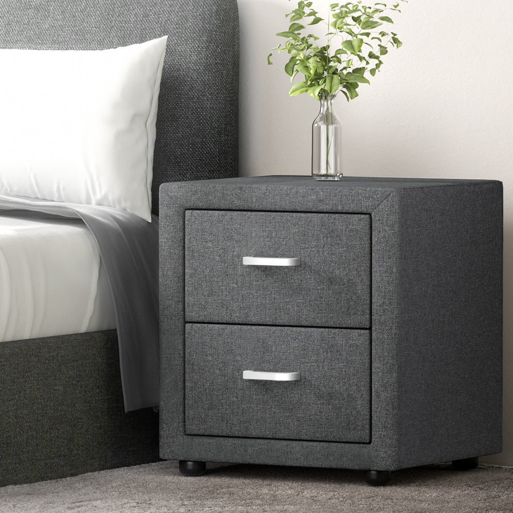 Artiss Grey Linen Bedside Table with 2 Drawers | CADEN