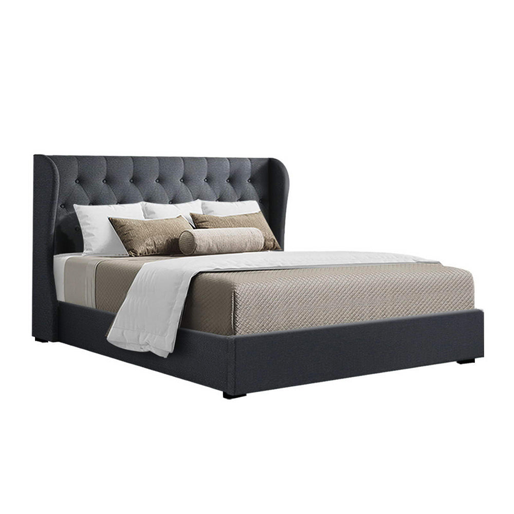 Artiss Issa Bed Frame Fabric Gas Lift Storage - Charcoal Queen - Newstart Furniture