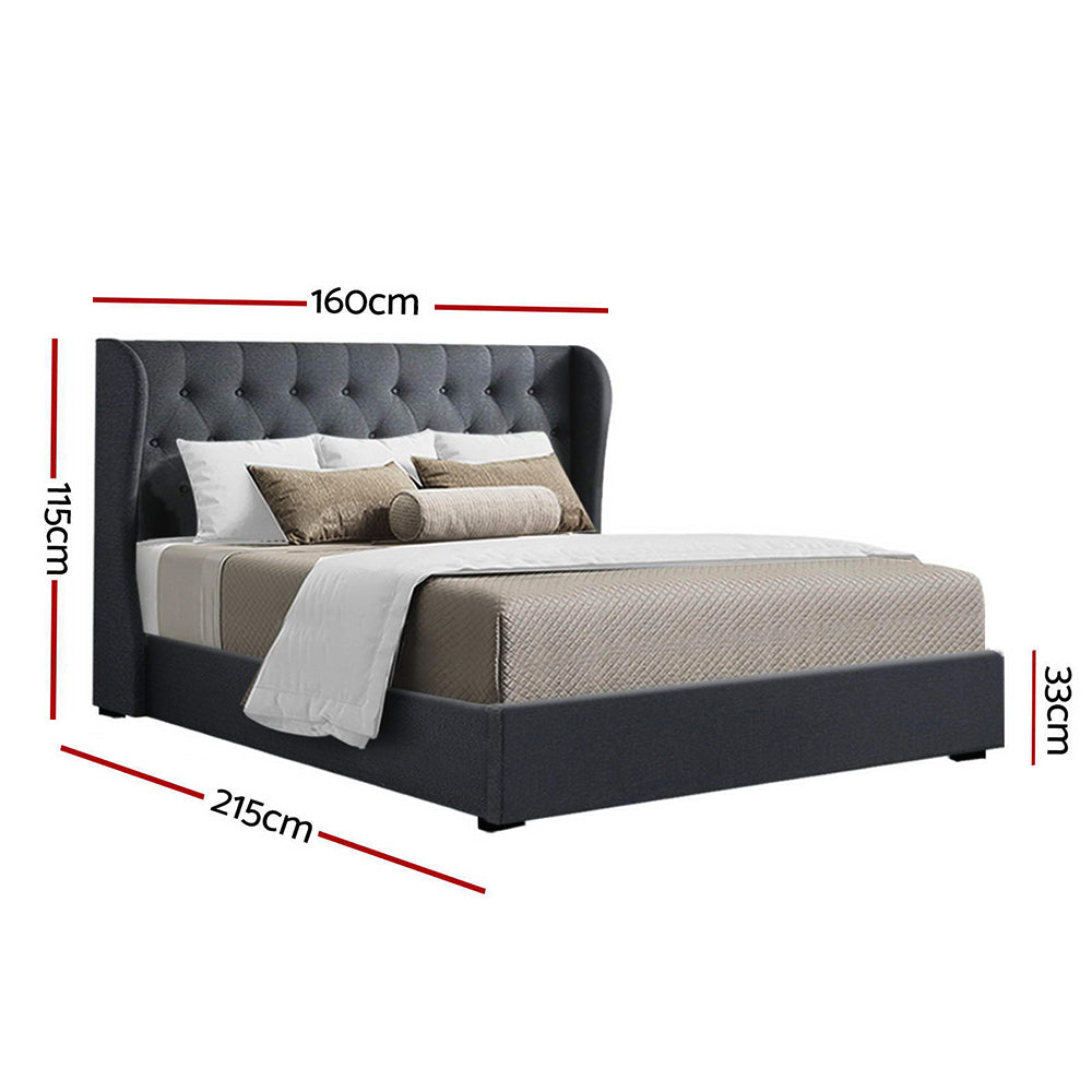 Artiss Issa Bed Frame Fabric Gas Lift Storage - Charcoal Queen - Newstart Furniture
