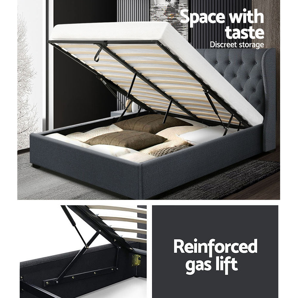 Artiss Issa Bed Frame Fabric Gas Lift Storage - Charcoal Queen - Newstart Furniture