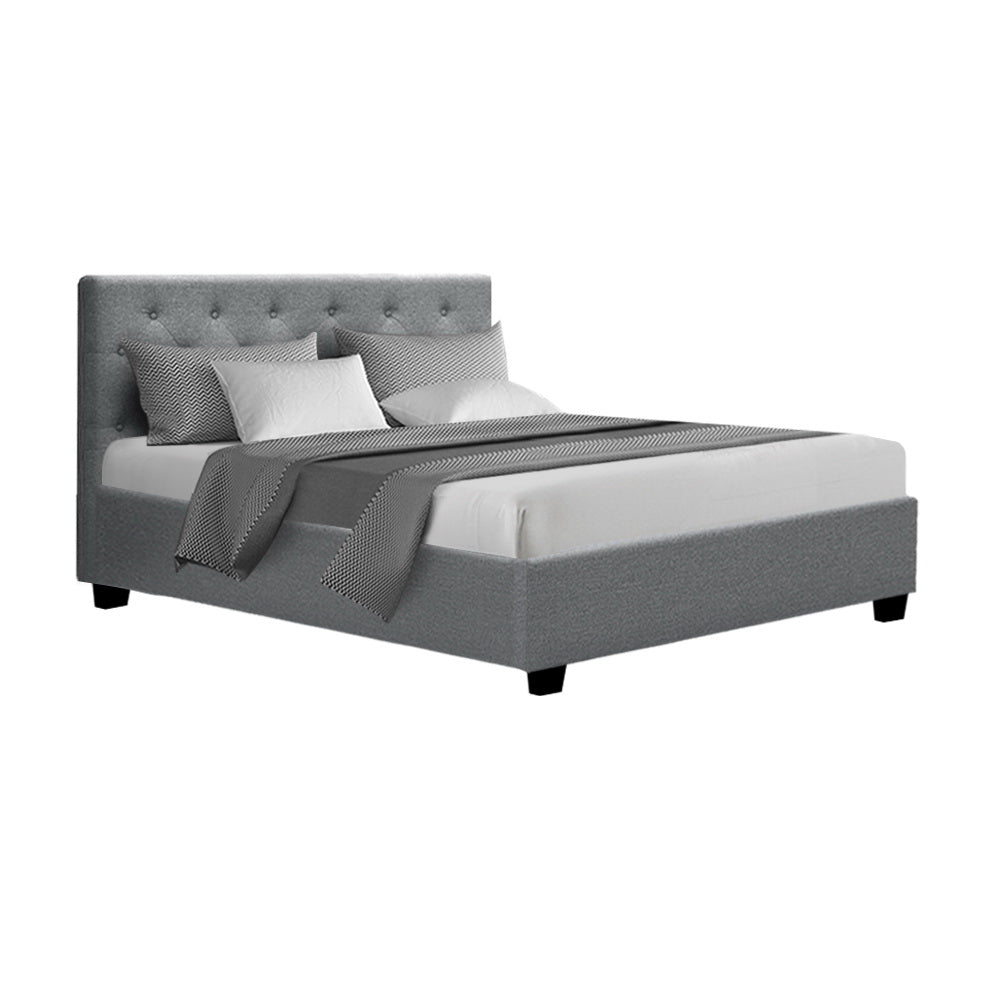 Artiss Vila Bed Frame Fabric Gas Lift Storage - Grey Double - Newstart Furniture