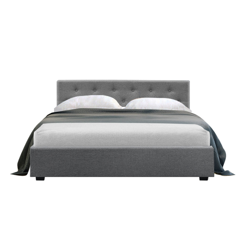 Artiss Vila Bed Frame Fabric Gas Lift Storage - Grey Double - Newstart Furniture