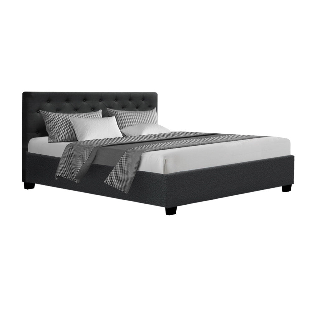 Artiss Vila Bed Frame Fabric Gas Lift Storage - Charcoal Queen - Newstart Furniture