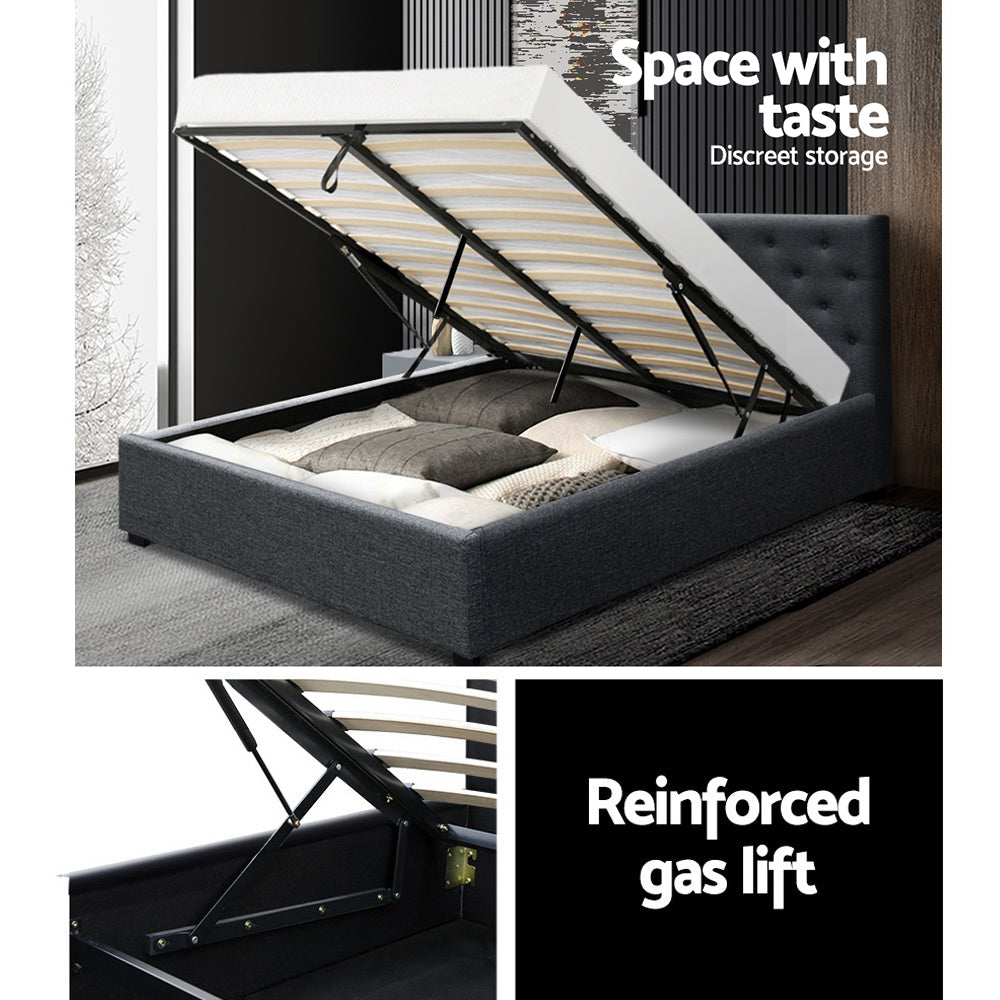 Artiss Vila Bed Frame Fabric Gas Lift Storage - Charcoal Queen - Newstart Furniture