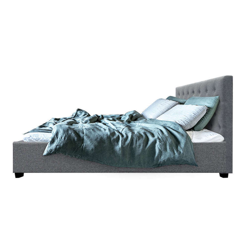 Artiss Vila Bed Frame Fabric Gas Lift Storage - Grey Queen - Newstart Furniture