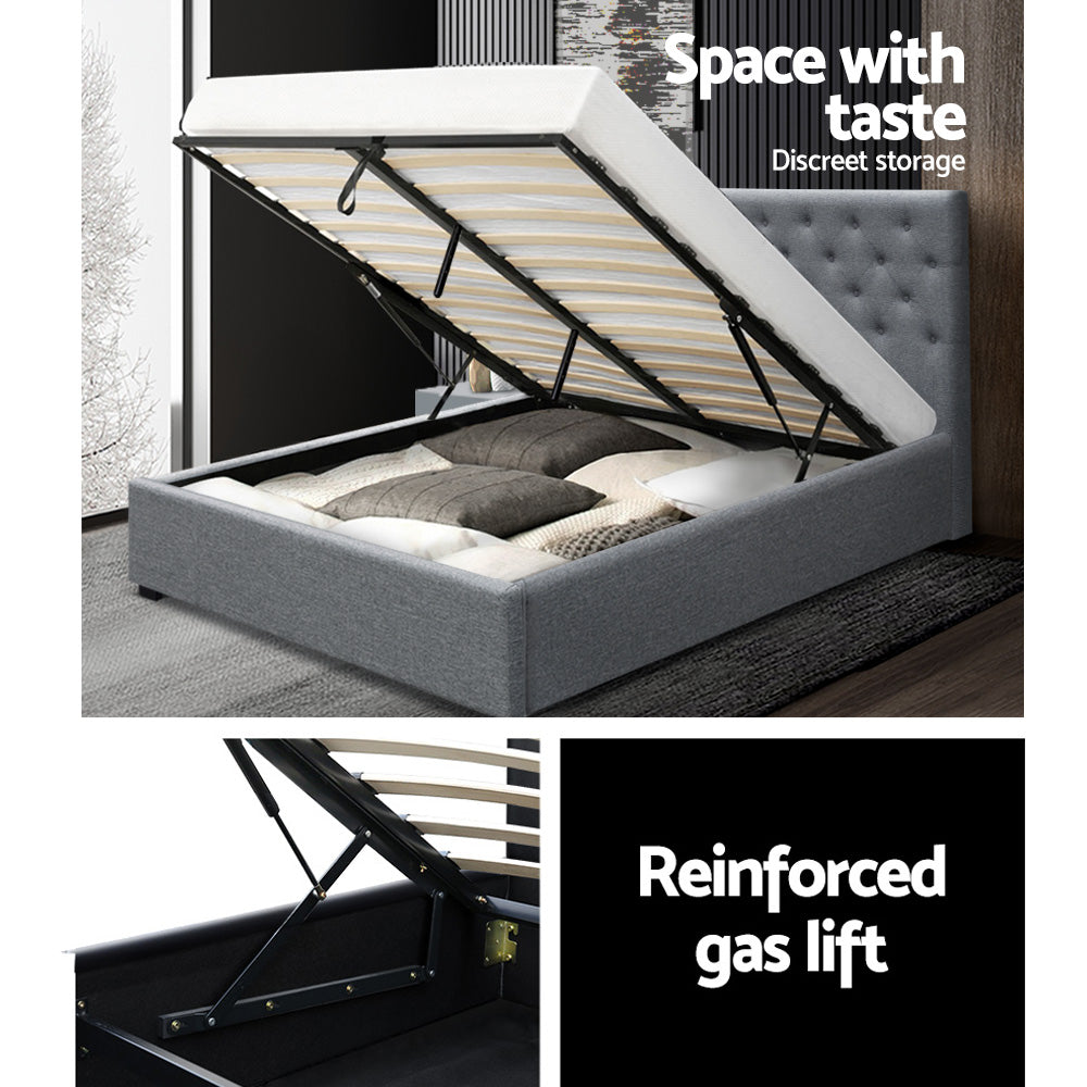 Artiss Vila Bed Frame Fabric Gas Lift Storage - Grey Queen - Newstart Furniture