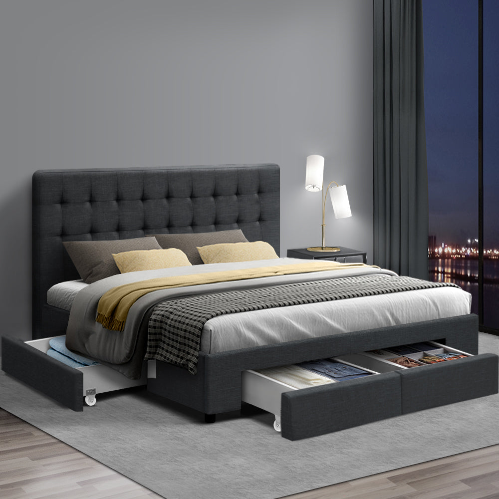 Artiss Avio Bed Frame Fabric Storage Drawers - Charcoal Double - Newstart Furniture