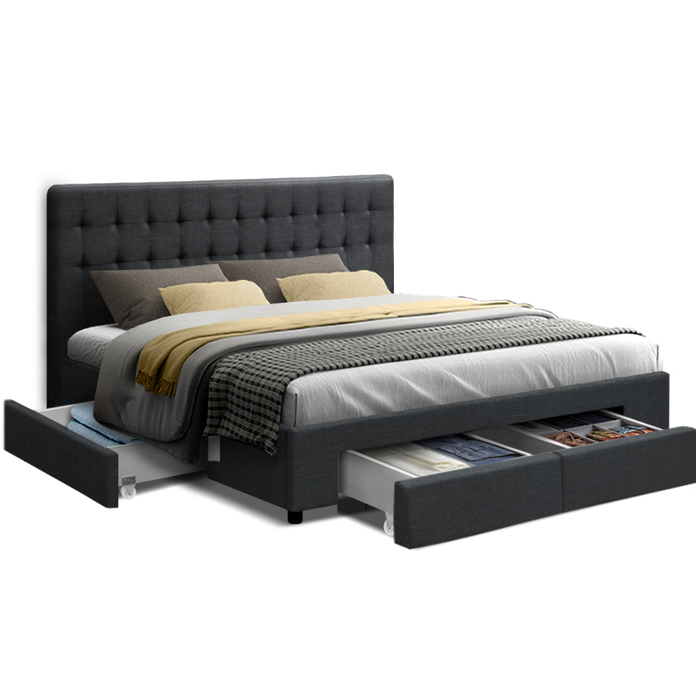 Artiss Avio Bed Frame Fabric Storage Drawers - Charcoal King - Newstart Furniture