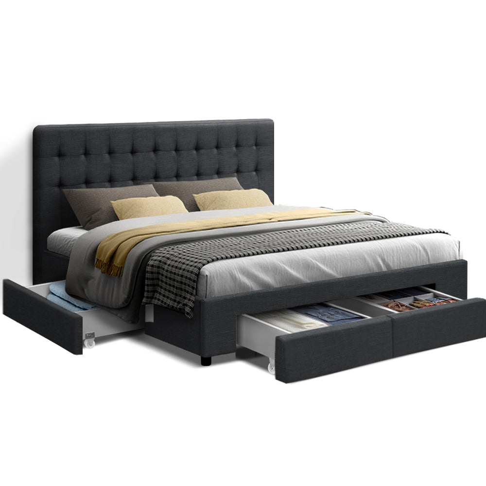 Artiss Avio Bed Frame Fabric Storage Drawers - Charcoal Queen - Newstart Furniture