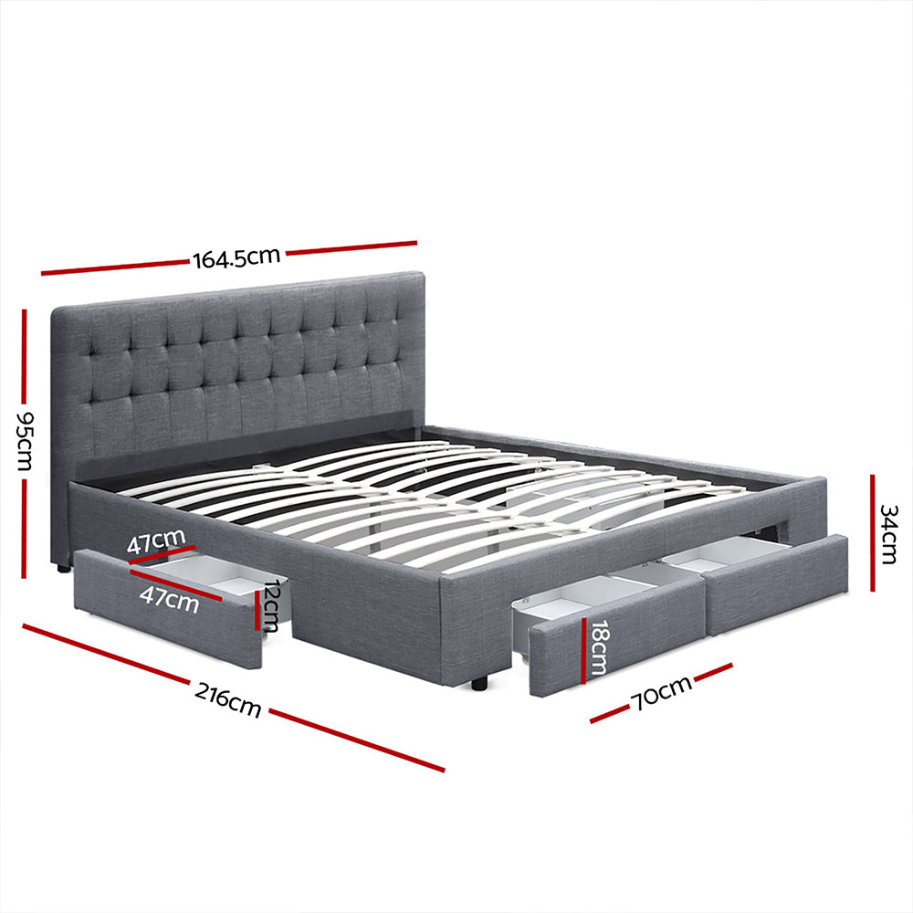 Artiss Avio Bed Frame Fabric Storage Drawers - Grey Queen - Newstart Furniture