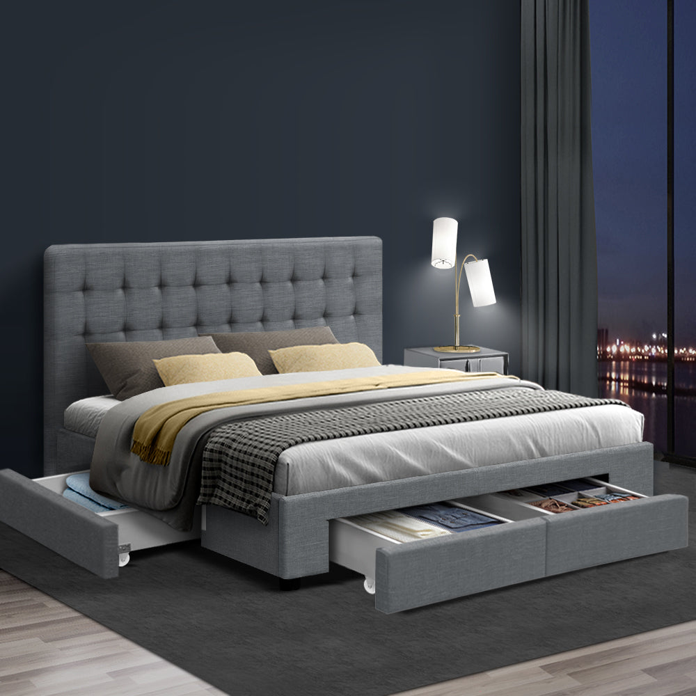 Artiss Avio Bed Frame Fabric Storage Drawers - Grey Queen - Newstart Furniture