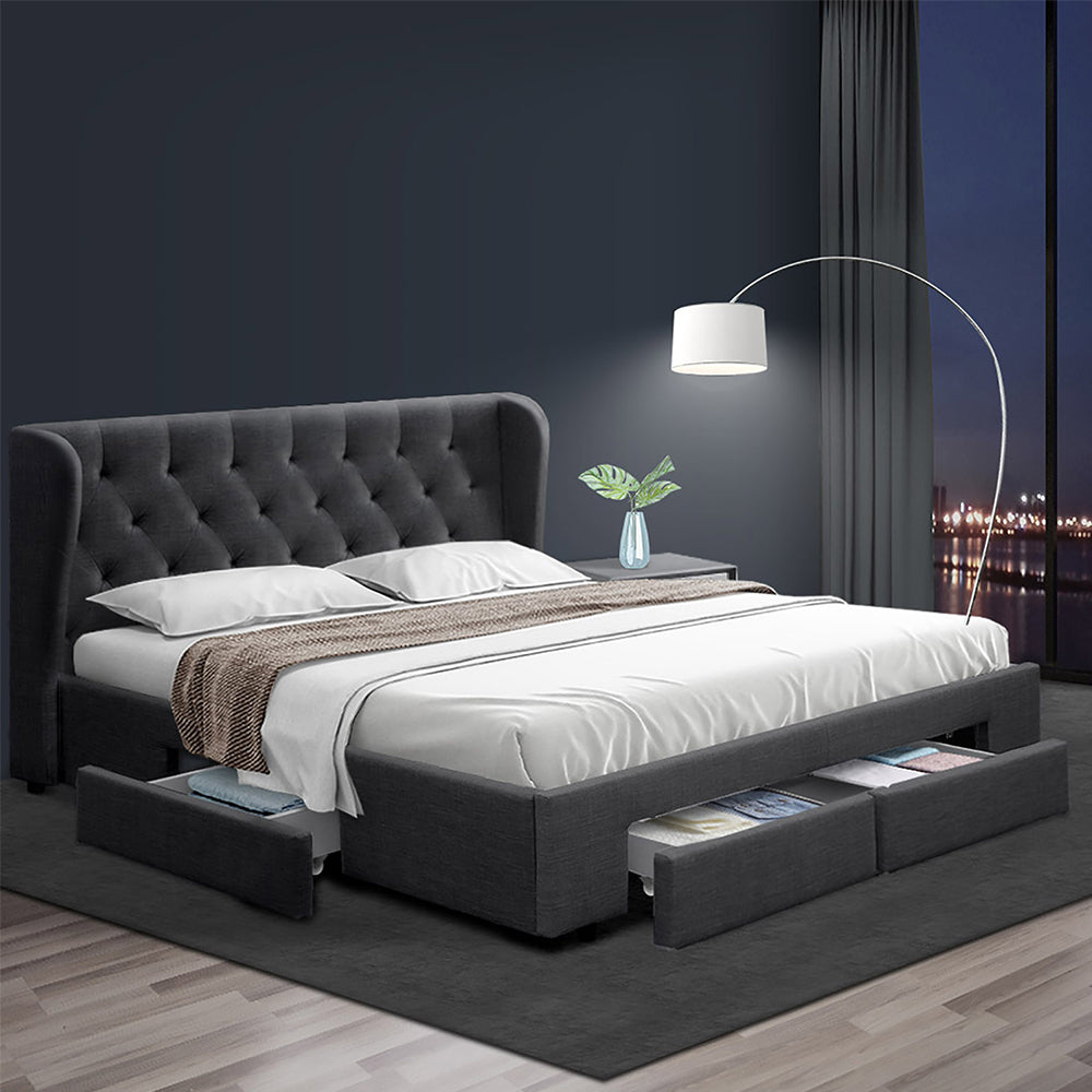 Artiss Mila Bed Frame Storage Drawers Fabric - Charcoal King - Newstart Furniture
