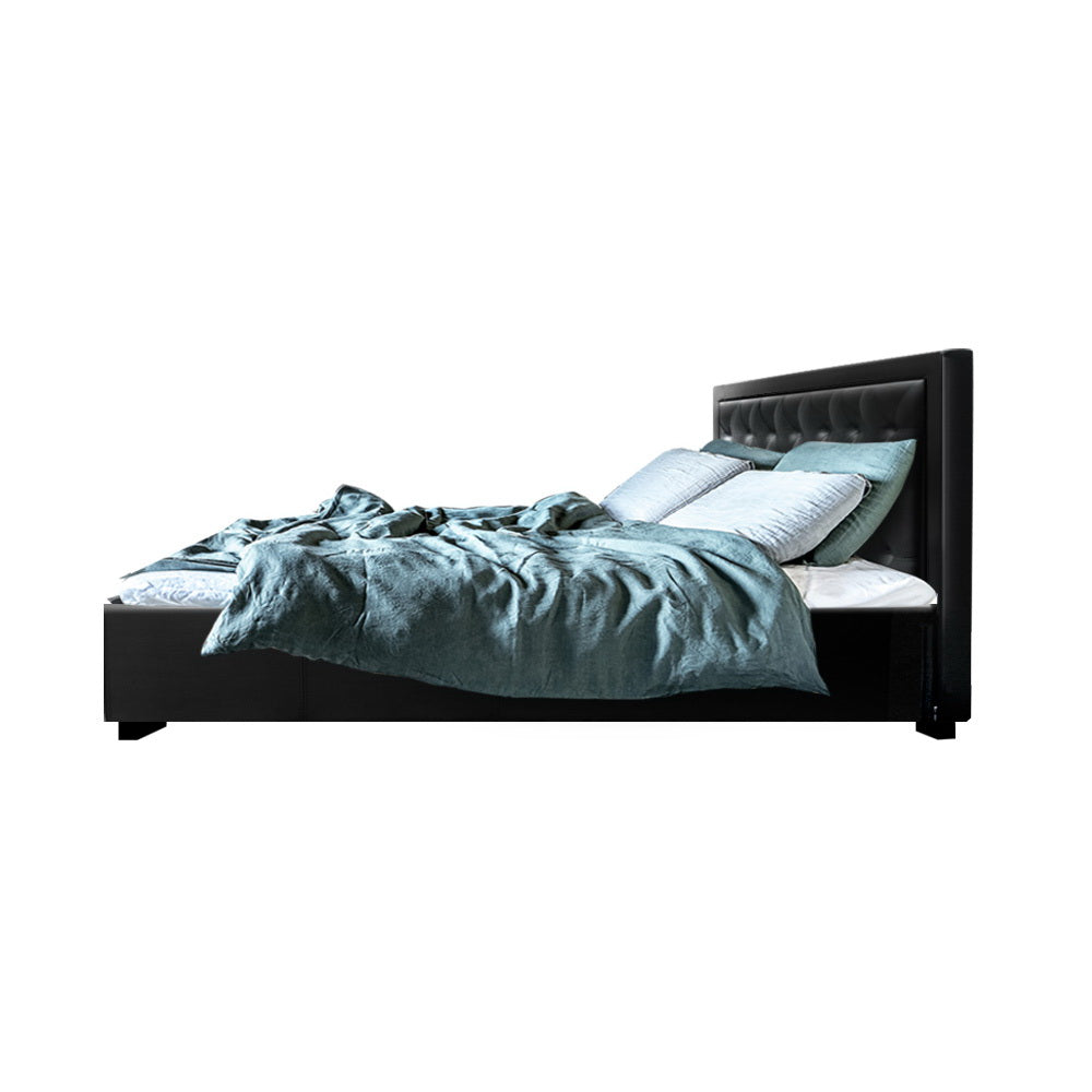 Artiss Tiyo Bed Frame PU Leather Gas Lift Storage - Black Double - Newstart Furniture