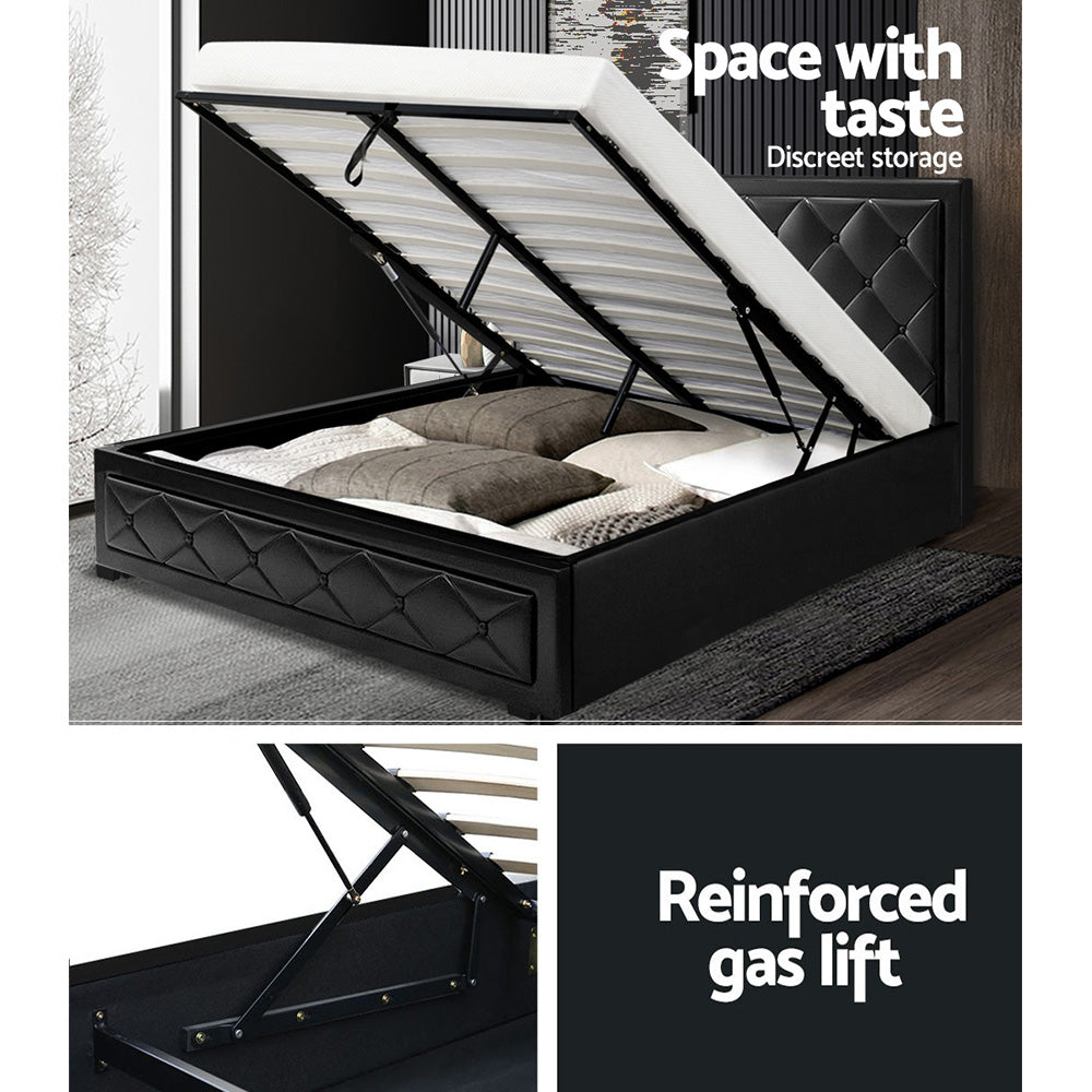 Artiss Tiyo Bed Frame PU Leather Gas Lift Storage - Black Double - Newstart Furniture