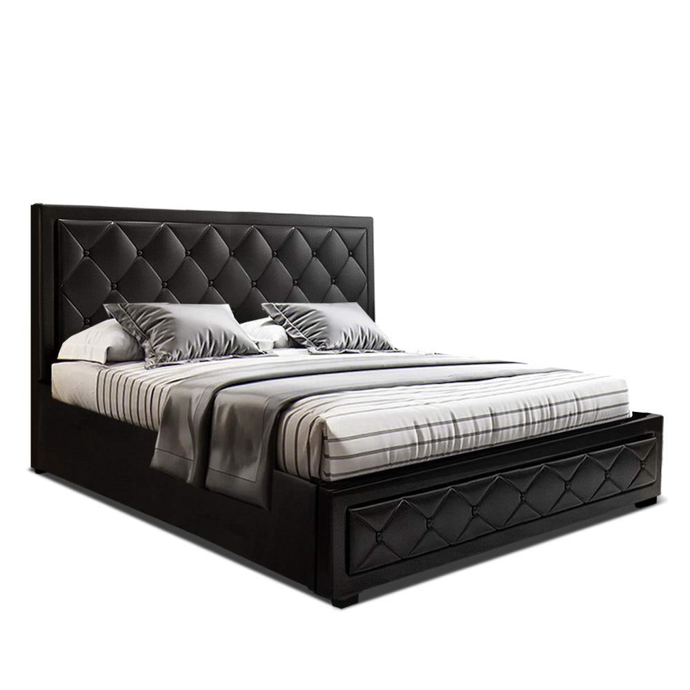 Artiss Tiyo Bed Frame PU Leather Gas Lift Storage - Black Queen - Newstart Furniture