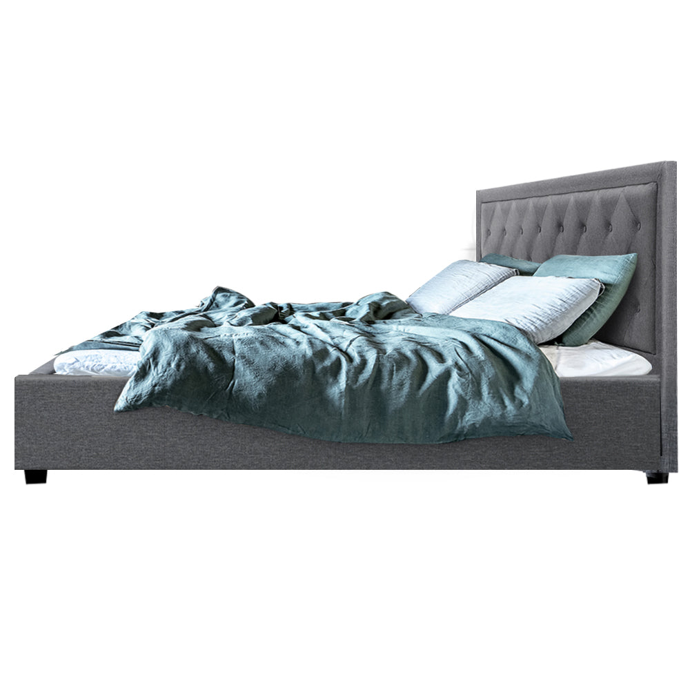 Artiss Tiyo Bed Frame Fabric Gas Lift Storage - Grey King - Newstart Furniture