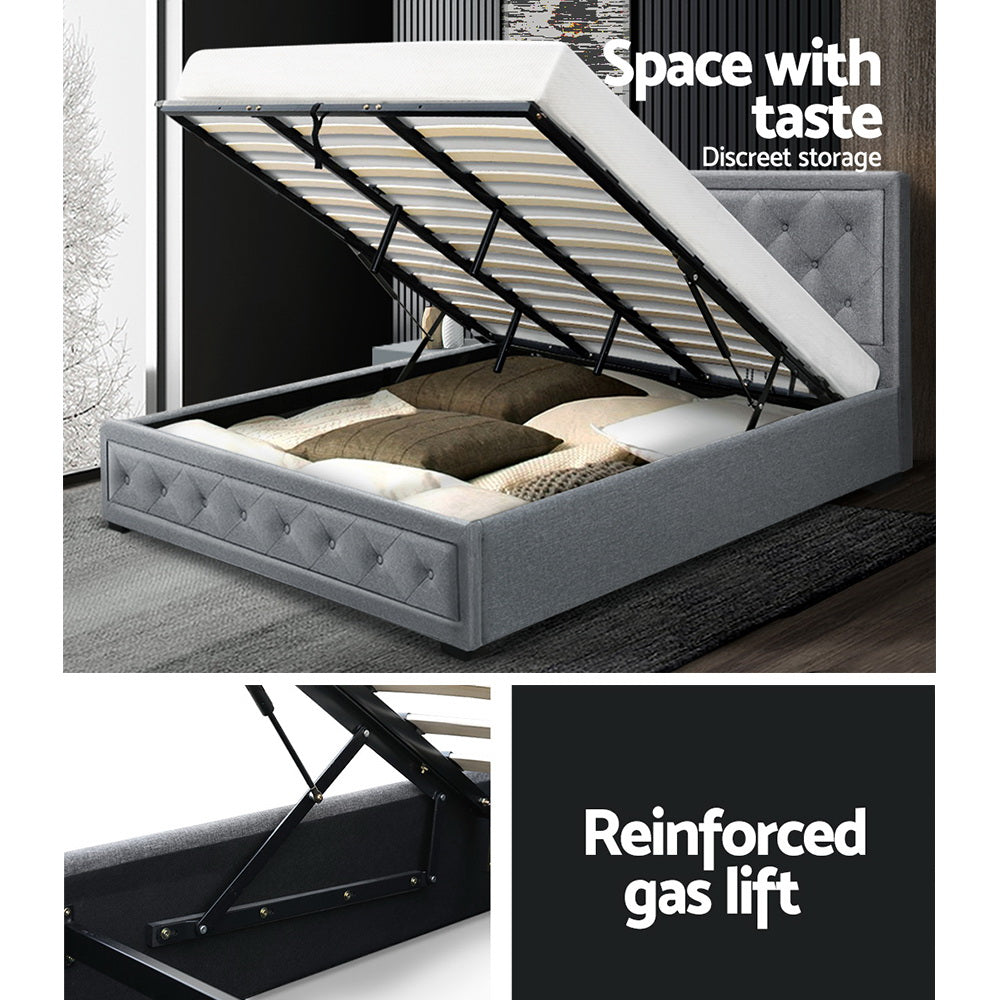 Artiss Tiyo Bed Frame Fabric Gas Lift Storage - Grey King - Newstart Furniture