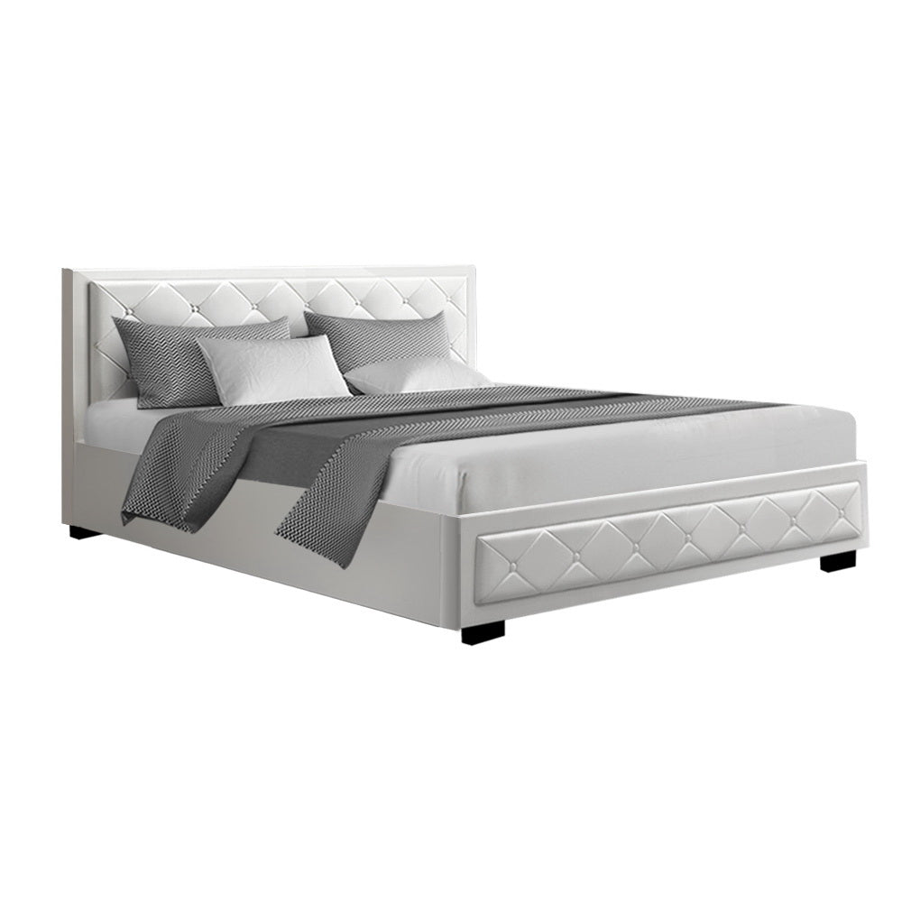 Artiss Tiyo Bed Frame PU Leather Gas Lift Storage - White King - Newstart Furniture