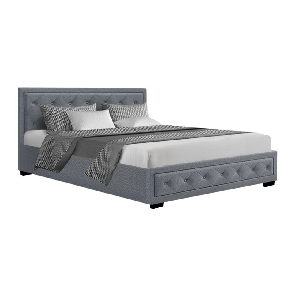Artiss Tiyo Bed Frame Fabric Gas Lift Storage - Grey Queen - Newstart Furniture