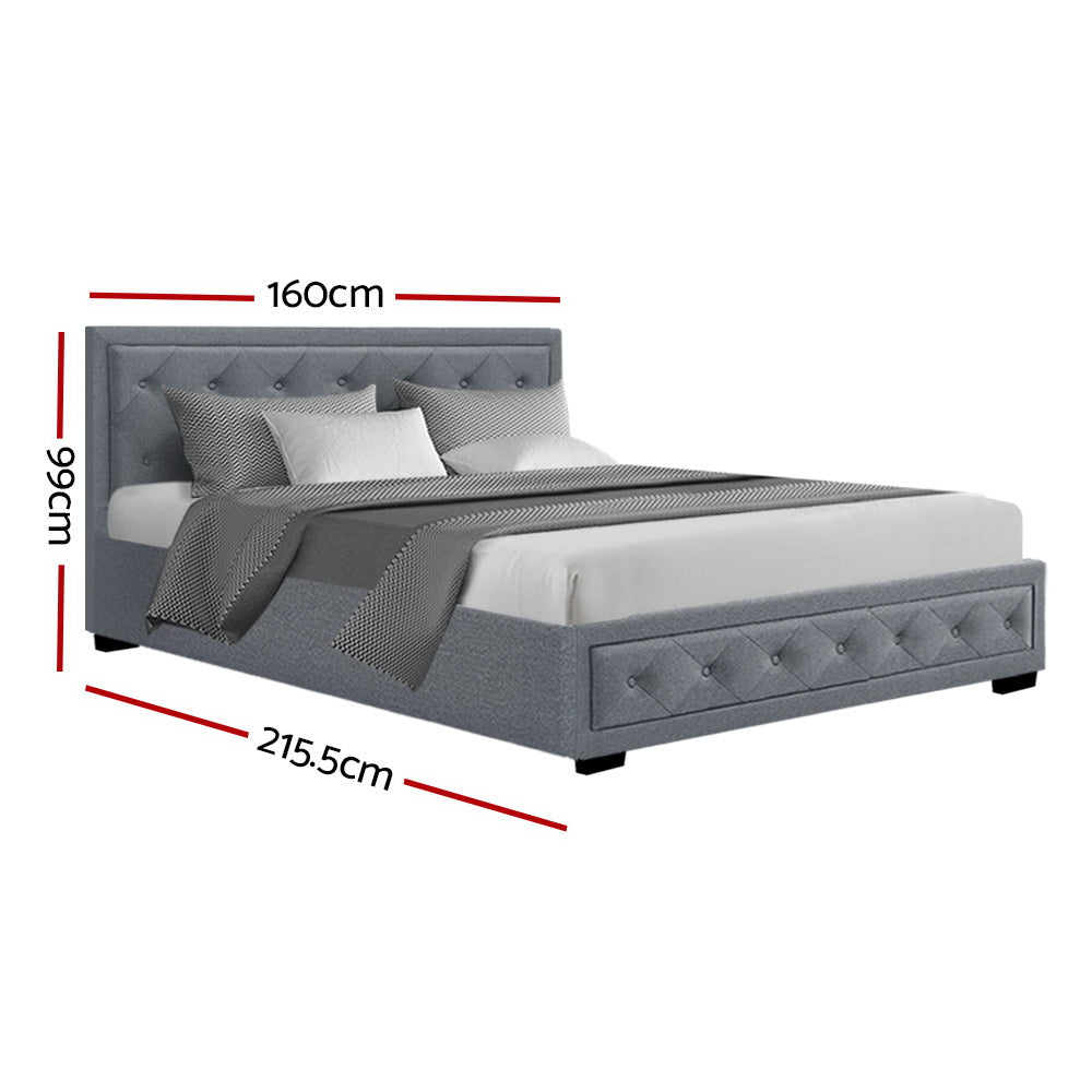 Artiss Tiyo Bed Frame Fabric Gas Lift Storage - Grey Queen - Newstart Furniture