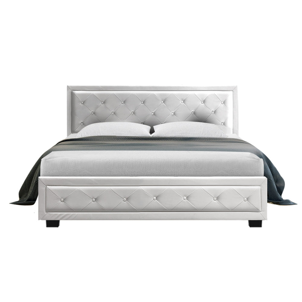 Artiss Tiyo Bed Frame PU Leather Gas Lift Storage - White Queen - Newstart Furniture