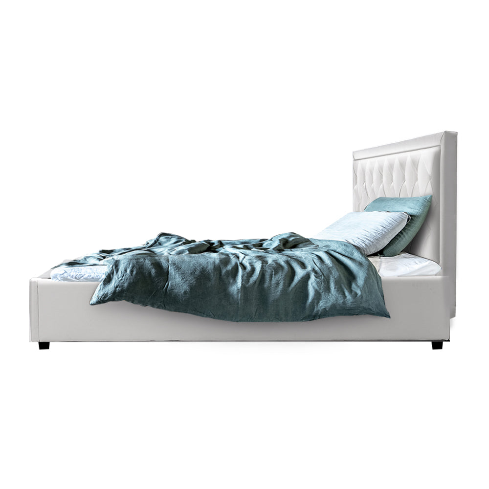 Artiss Tiyo Bed Frame PU Leather Gas Lift Storage - White Queen - Newstart Furniture