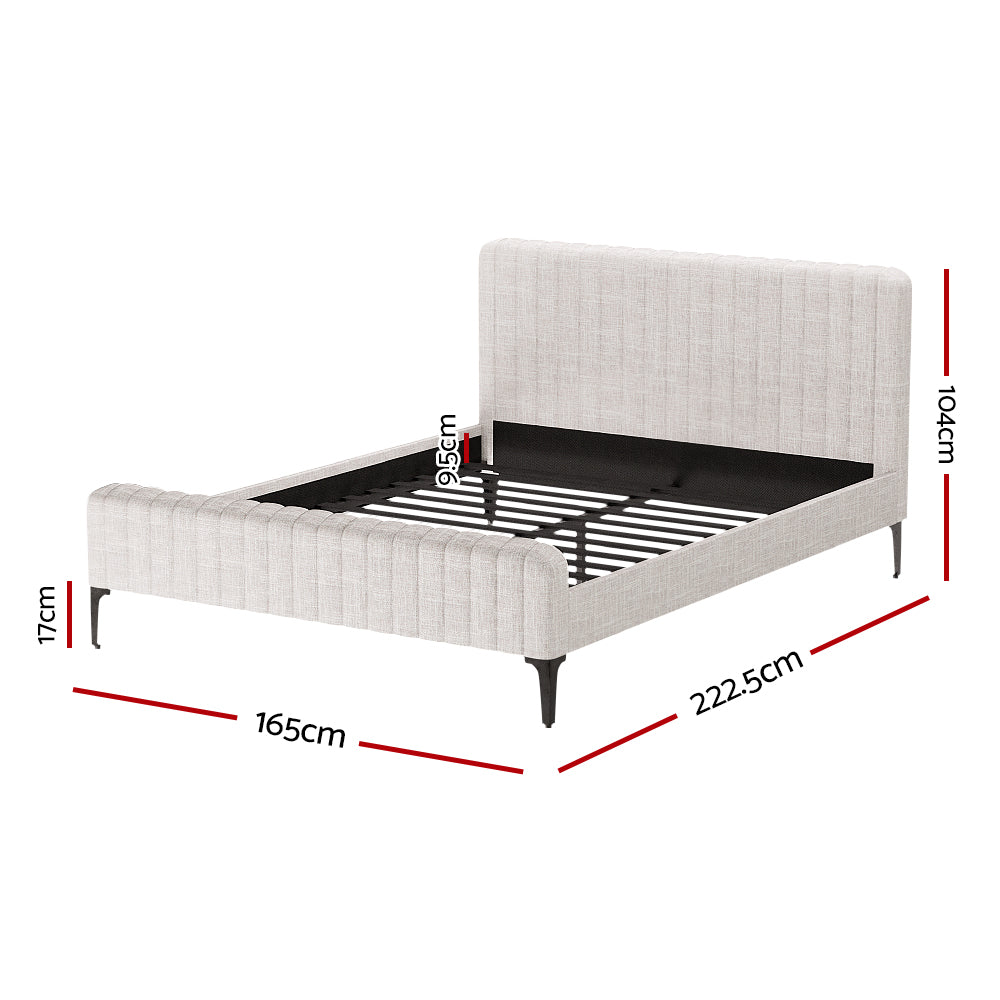 Artiss Bed Frame Queen Bed Base w Headboard Beige Fabric Wooden Slats Metal Legs - Newstart Furniture