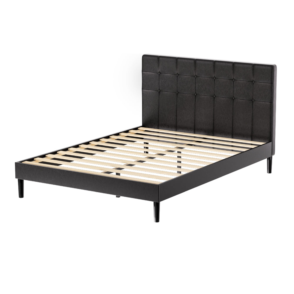Artiss Bed Frame Double Bed Base w LED Lights Charge Ports Black Leather RAVI - Newstart Furniture